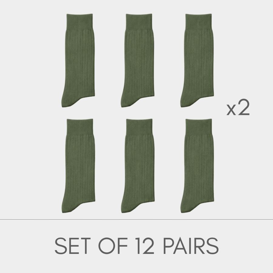 Olive Green Classic Ribbed Socks - 12 Pairs